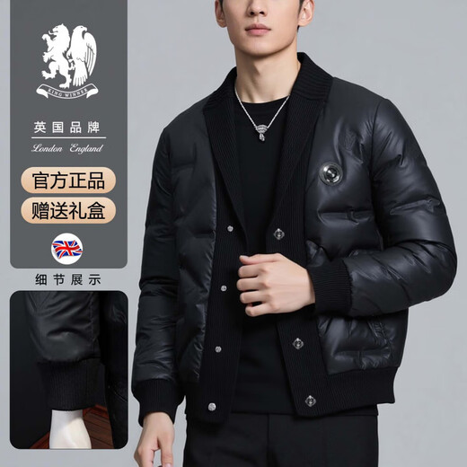 KING WINNER 2025 autumn and winter new men's knitted collar down jacket large size solid color casual slim warm jacket black M