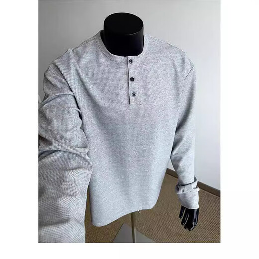 2024 Autumn Versatile Henley Collar Long Sleeve T-Shirt Men's Casual Sports Waffle Polo Shirt T-shirt Top Black M