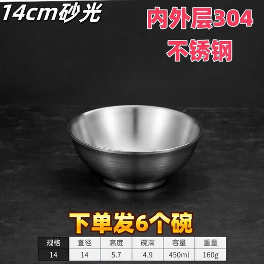 Meikejie 304 stainless steel rice bowl and noodle bowl for students and children, double-layered bowl, insulated anti-scalding soup bowl, cold noodle bowl, tall bowl, sanded A-grade high bowl legs, double-layered anti-scalding + heat insulation/diameter 22cm, 8.8-inch rooster bowl shape (pack of six)