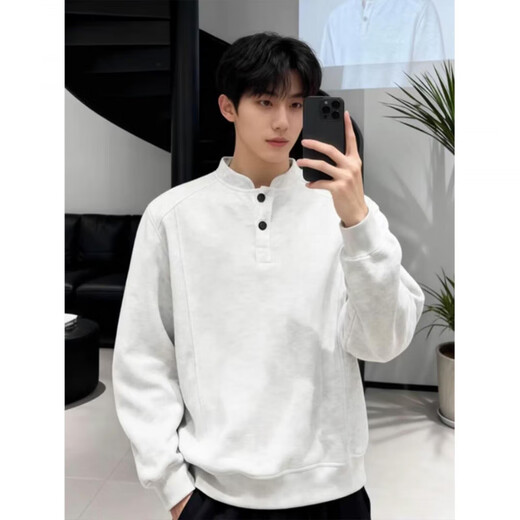Wu Yinan American heavyweight velvet Henry collar inner layering shirt men's cleanfit simple right shoulder slim long-sleeved sweatshirt Black plus velvet models are in stock and ready to ship Black plus velvet 5XL