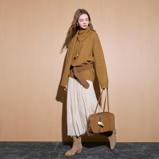 Sancai 2025 new winter style scarf collar sweater long-sleeved pullover loose simple top sweater casual M