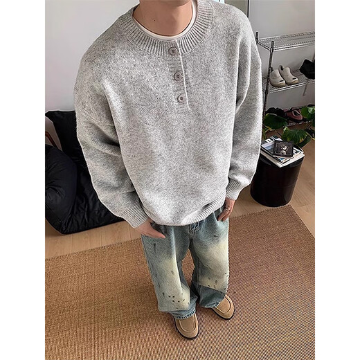 Xiaotu Daren Hong Kong style Henry collar sweater for men in autumn and winter, high-end lazy style bottoming sweater, cleanfit casual inner wear, light gray XL