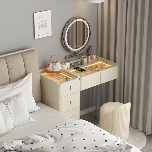 Tinimia bedside dresser desk two-in-one small apartment bedroom bedside cabinet integrated laptop desk with socket 1.1 meter dresser cabinet + makeup stool丨embedded high-power power strip Side cabinets can be installed left and right - placed as needed
