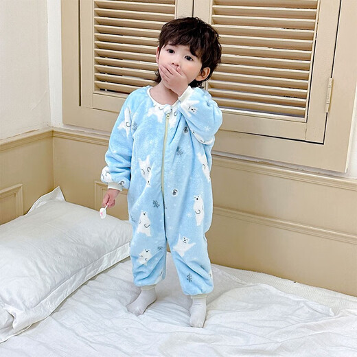 Children's double-layer jumpsuit pajamas for baby autumn and winter plus velvet and thickened flannel home romper baby warm sleeping bag blue polar bear double-layer thickened 120
