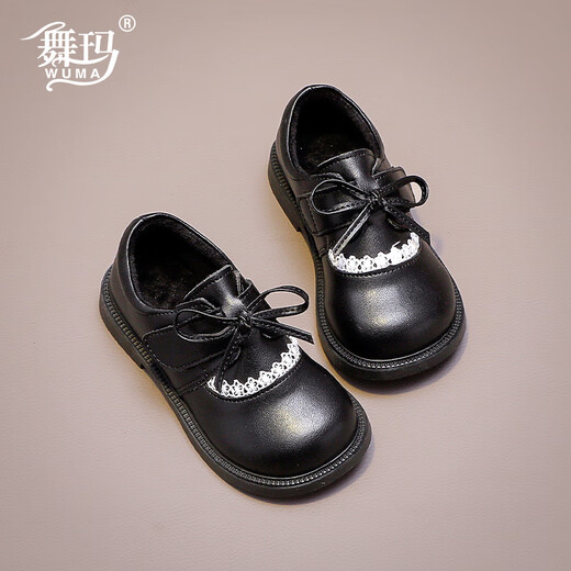 Wuma Girls' Shoes Children's Velvet Princess Shoes 2025 New Autumn and Winter Little Girls Soft Soled Genuine Leather and Second Cotton Small Leather Shoes