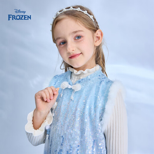 Disney Frozen Elsa Girls Autumn and Winter New Children's Clothes Sleeveless Style Warm Dress Blue One Size 150cm