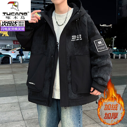 Woodpecker (TUCANO) velvet and thickened jacket for men in autumn and winter 2025 new fashion brand contrasting color jacket for men and teenagers warm and cold-proof clothes 817 beige velvet and thickened L recommended 110-130 Jin Jin equals 0.5 kg can be worn