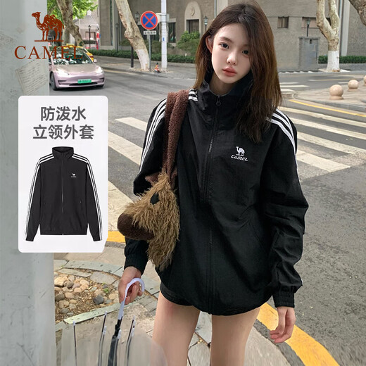 Camel all-terrain windbreaker for men 25 new autumn and winter outdoor water-repellent sports retro stand-up collar jacket for women C35CABH040, phantom black, unisex L