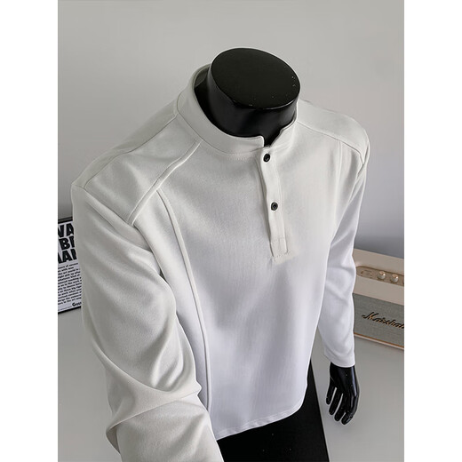 Qumile American retro polo Henry collar sweatshirt men's autumn trendy loose pullover bottoming shirt handsome long-sleeved jacket white gray XL
