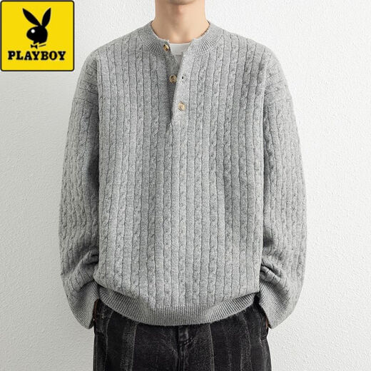 Playboy (PLAYBOY) Henry collar sweater men's autumn and winter American retro cable pattern long-sleeved sweater thickened inner base sweater 6002-cloud yarn gray thickened XL