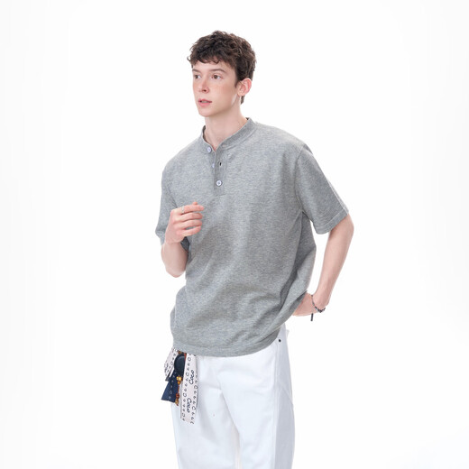 Yingtang Dream made American retro cleanfit henley collar short-sleeved T-shirt men's summer shoulder sweater half-sleeved floral gray M one size