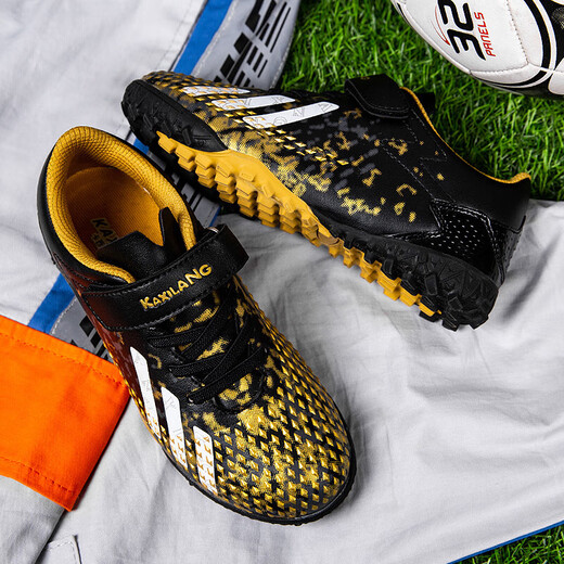 Children's football shoes Velcro breathable training shoes TF broken nails Boys Falcon 25 lawn competition special 6199 black gold 33