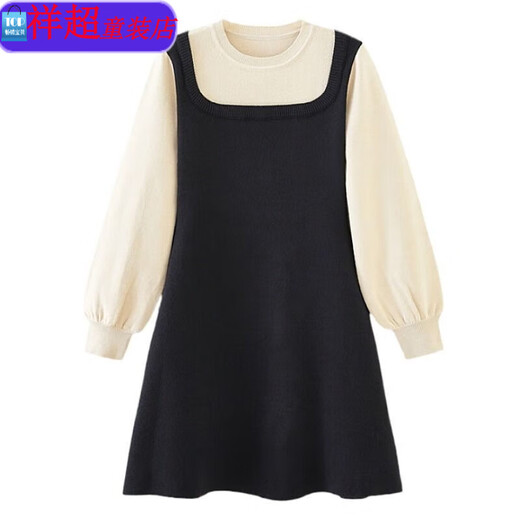 SUYOUMI Autumn and Winter Parent-child Sweater Dress Mother and Daughter Internet Celebrity Fashion Knitted Pullover Skirt Black Apricot Splicing 120cm Girls