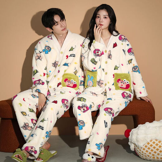 Victoria style couple pajamas winter coral velvet warm and thickened casual sweet flannel home clothes men and women outer wear suit XH9040 M women