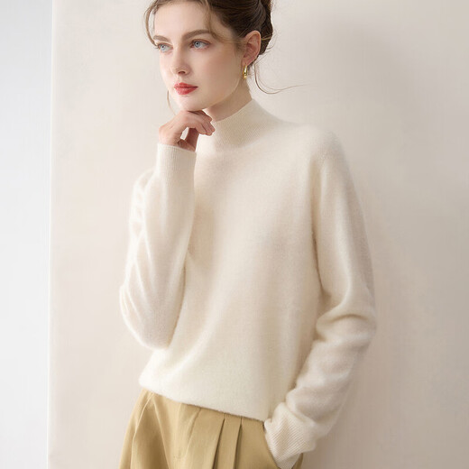 ERDOS Ordos 100% pure cashmere women's half turtleneck sweater women's knitted thickened bottoming sweater autumn and winter white 3XL recommended 140-150Jin Jin equals 0.5 kg