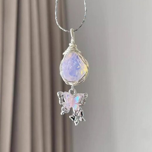 Xidian original design aquamarine rough stone butterfly necklace women's niche clavicle chain hand-wound crystal pendant Youdieyu