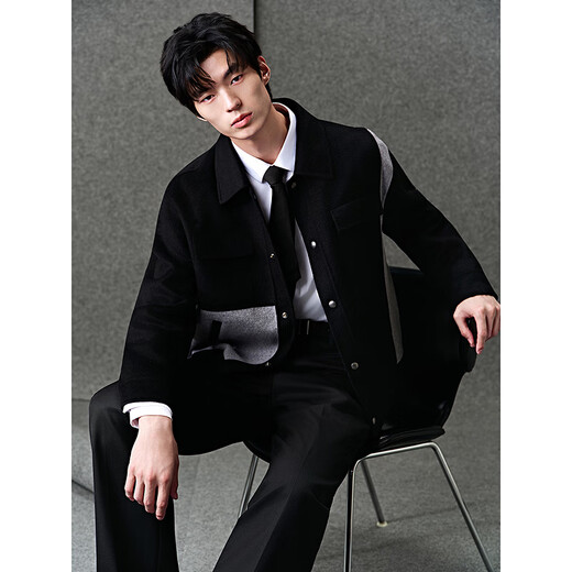 GXG Men's Classic Wool Contrast Check Pattern Short Coat Jacket Black 175/L