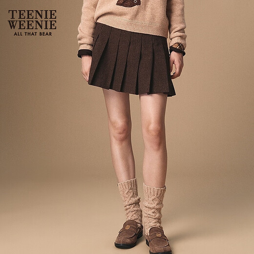 Teenie Weenie Bear Women's Skirt 2025 Autumn New Temperament College Style Simple Embroidered Pleated Skirt Brown Pre-sale M