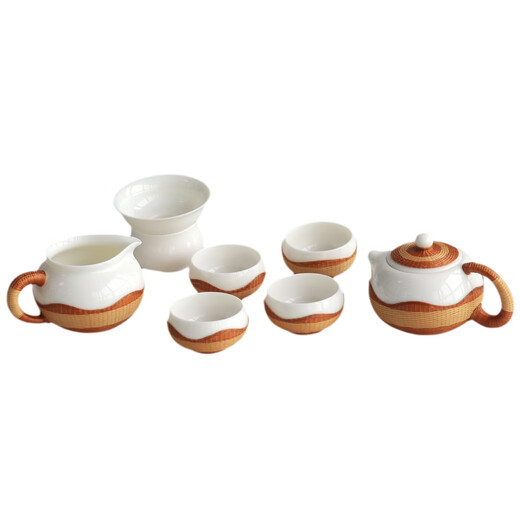 Sichuan Province intangible cultural heritage handmade porcelain bamboo tea set bamboo thread buckle porcelain Xishi pot silk bamboo cup conference gift for customers two-color mutton fat jade porcelain bamboo tea set eight-piece set