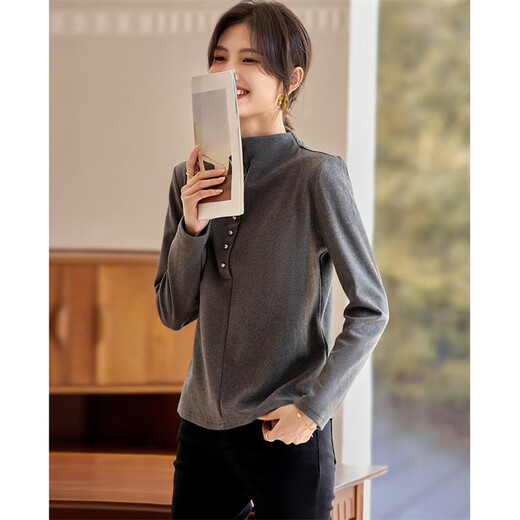 Shangjing's stylish and versatile half-turtle collar warm base layer embellished with gold buttons for fall and winter.