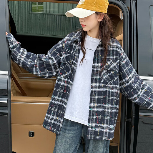 BJT Girls' Shirt 2025 Autumn New Children's Retro American-style Splash Jacket Big Children's Spring and Autumn Fashionable Top Navy Blue 160 cm