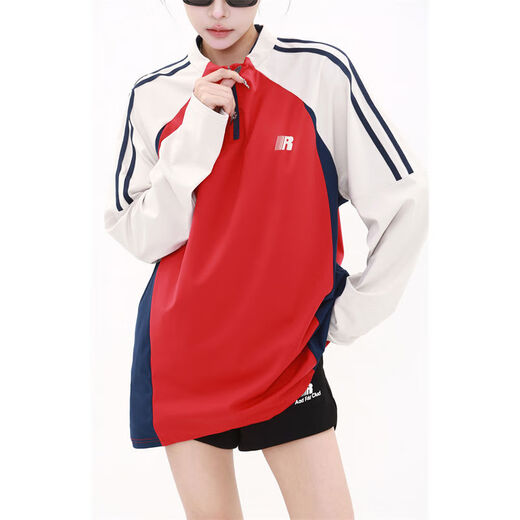 American half-zip long-sleeved T-shirt for men and women, trendy brand loose contrasting color sports tops, quick-drying, sun protection cycling clothes, T, black M M