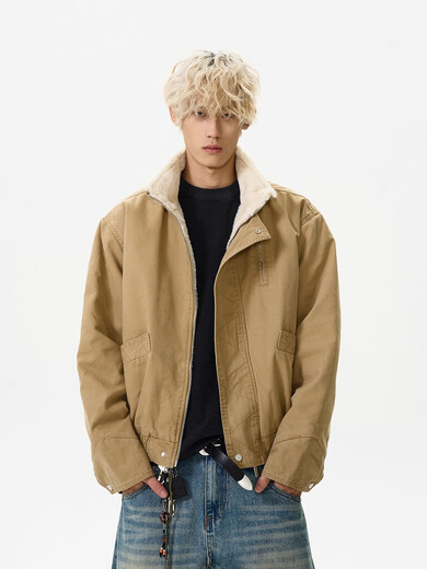 OEMG American retro aviator cotton jacket men's autumn and winter fashion brand top jacket short work clothes plus fleece jacket Khaki 2XL recommended 130-150Jin Jin equals 0.5 kg