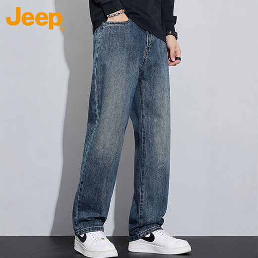 JEEP jeans men's autumn and winter straight casual pants men's loose wide-leg pants stretch nostalgic blue 34