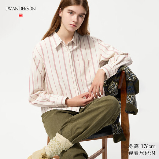 Uniqlo Women's Men's Oxford Box Striped Shirt/Long Sleeve Collaboration 479975 30 Light Beige S