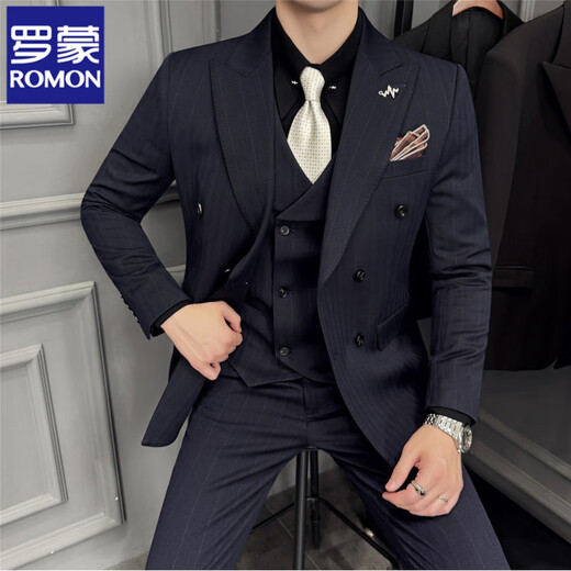 ROMON double-breasted striped woolen suit suit for men, high-end, handsome, business casual, British woolen suit jacket, brown (three-piece set), free tie XL