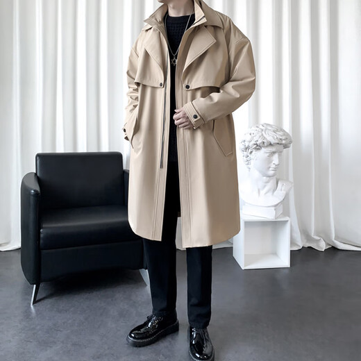 ROMON windbreaker men's autumn and winter mid-length fake two-piece double-collar casual coat men's youth coat men's black 2XL