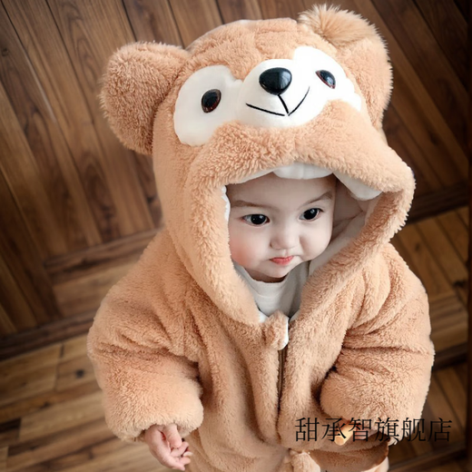 Tianchengzhi Autumn and Winter 1-3 year old baby clothes jumpsuit plus velvet thick animal shape romper suit newborn baby clothes children's pajamas light brown bear thickened quilted upgraded version 100cm