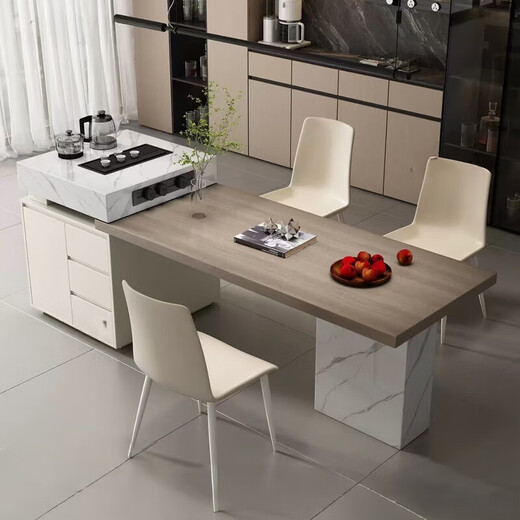 Shunmujia rock slab island dining table integrated retractable home small apartment combination Italian light luxury dining table and chairs Lawrence bar island dining table tea style + rail socket 2.0 meters tabletop