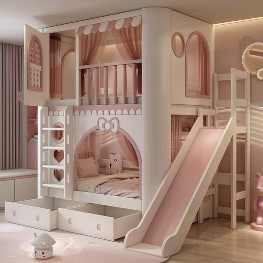Yusenyigao guardrail upper and lower bunk bed two-layer upper and lower bed solid wood high and low bed children's bed girl princess bed double bed bunk bed-ladder cabinet-double drawer-slide (comes with upper bunk curtains-upper and lower mattresses) More combinations +1500mmx2000mm
