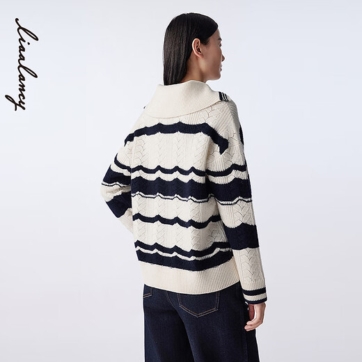 Langzi/LANCY Simon joint brand new winter wool crew neck striped sweater top for women, white 2XL