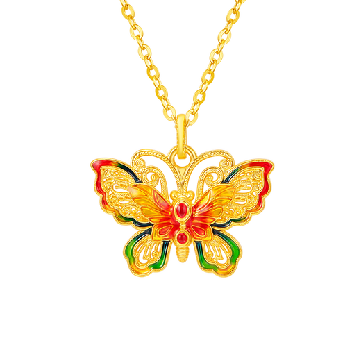 Ming Diamond International 18k gold butterfly pendant female au750 lacquered filigree hollow enamel butterfly pendant for girlfriend birthday gift