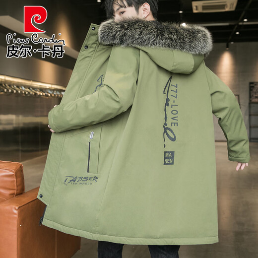 Pierre Cardin parka men's velvet windbreaker jacket winter thickened warm mid-length coat trendy student cotton coat cotton jacket 917 military green XL