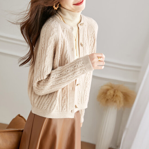 Shexi (Srcr) pure wool coat for women 100% wool knitted outer thick autumn and winter short soft waxy cable sweater cardigan