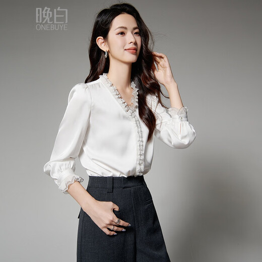 Late White New Product 2025 Autumn Style Elegant Shirt Fashion Lace Collar V-Neck Commuting Shirt Women White XL