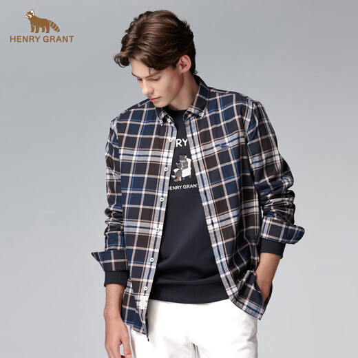 HENRY GRANT Henry Grant plaid men's long-sleeved autumn classic Korean slim-fit plaid shirt men's loose top blue (QSC244180U211) 50 (175/96A)