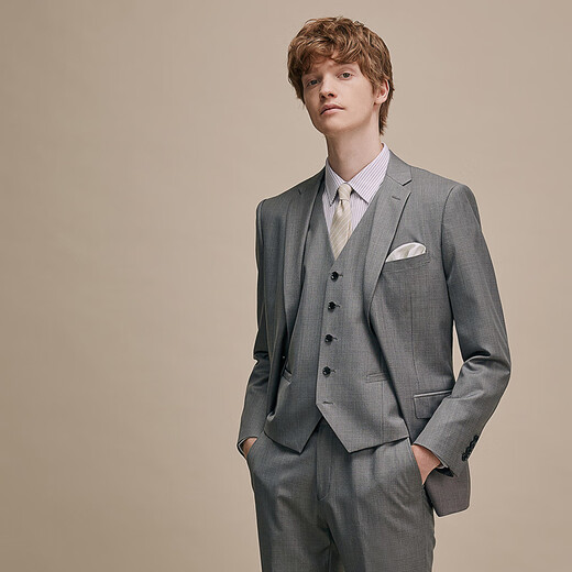 Guillaume de Mons Australian wool suit complete set of men's business professional attire groom wedding dress casual formal men's suit gray top + trousers + vest 46 Please note the trousers size