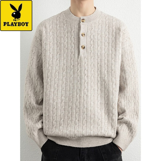 Playboy (PLAYBOY) Henry collar sweater men's autumn and winter American retro cable pattern long-sleeved sweater thickened inner base sweater 6002-cloud yarn gray thickened XL
