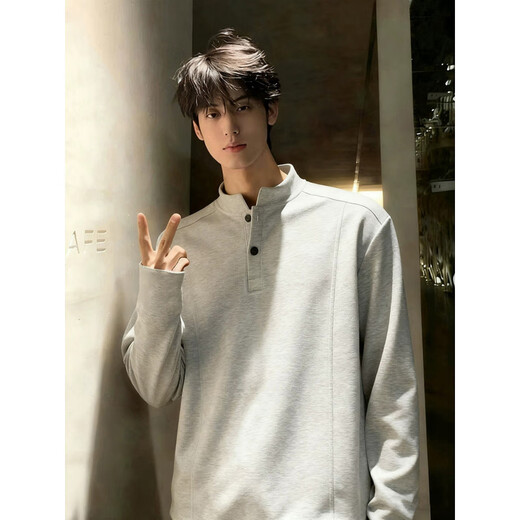 Maorong Warm Autumn American Henry Collar Right Shoulder Sweatshirt Men's Autumn and Winter Heavy Deconstructed Long Sleeve Polo Shirt Cleanfit Inside Gray Upgraded M