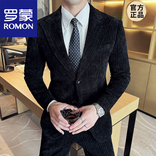 ROMON high-end corduroy suit men's Korean version slim casual 2025 autumn and winter thickened handsome suit jacket trendy dark green suit + pants M