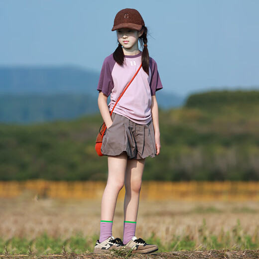 涂碟幽女童短袖T恤夏季中大童气质甜美套头百搭子装插肩袖拼接上衣 芋紫(短袖)ANT50206YZ抽绳短袖T 130 cm
