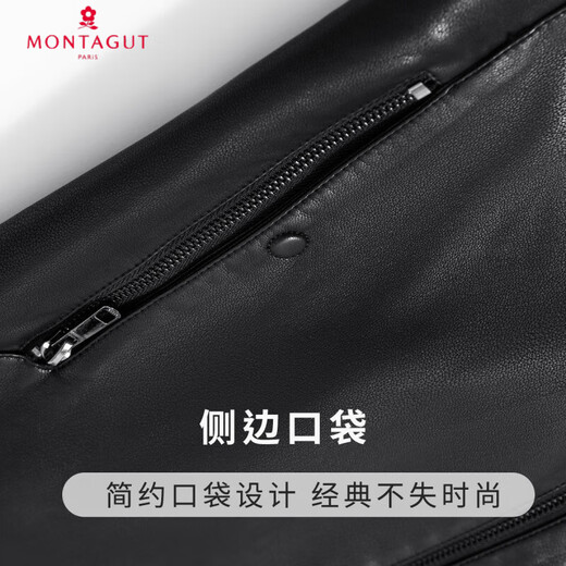 Montagut warm velvet & striped velvet lining, autumn and winter leather jacket, men's stand-up collar, comfortable, durable and versatile, black M /48
