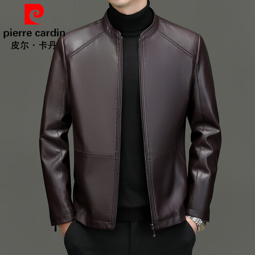 Pierre Cardin leather jacket men's winter velvet thickened warm leather jacket autumn and winter stand-up collar slim retro cycling motorcycle jacket