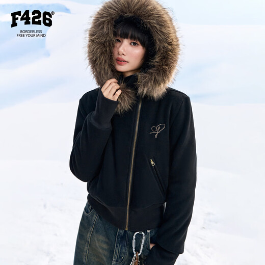F426 super nice winter new short cotton jacket with detachable fur collar and diagonal placket cotton jacket, black S