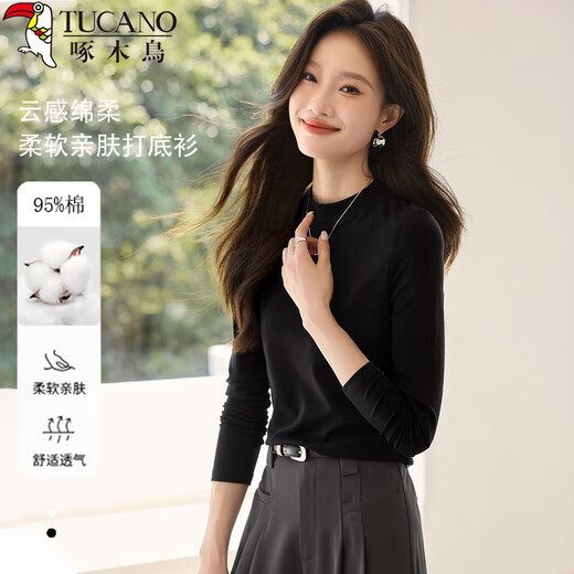 Woodpecker long-sleeved T-shirt for women in autumn pure cotton right shoulder slim fit versatile half turtleneck bottoming shirt top black XL