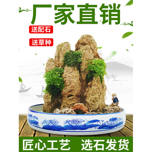 Absorbent stone rockery bonsai upper water stone original stone rockery stone bonsai natural original stone landscaping small ornaments ornamental stone 20-24cm absorbent stone does not contain pots and comes with grass seeds and stones